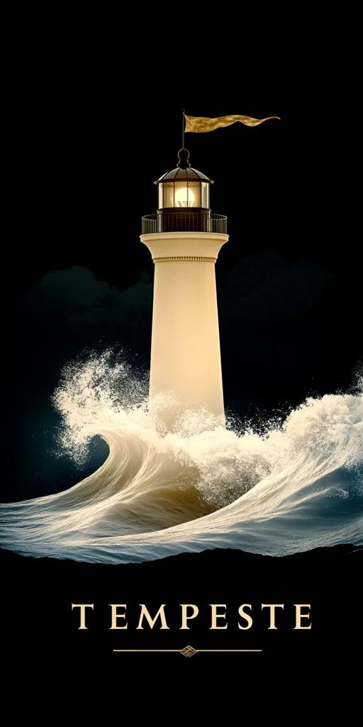 A lone lighthouse stands tall against a raging storm.  Powerful waves crash around its base, their white crests illuminated by the lighthouse's warm glow.  A golden pennant streams from its peak. The dramatic scene is set against a dark, stormy sky.  The word "TEMPESTE," meaning "storm" in Italian, is displayed below, emphasizing the image's powerful and evocative nature.