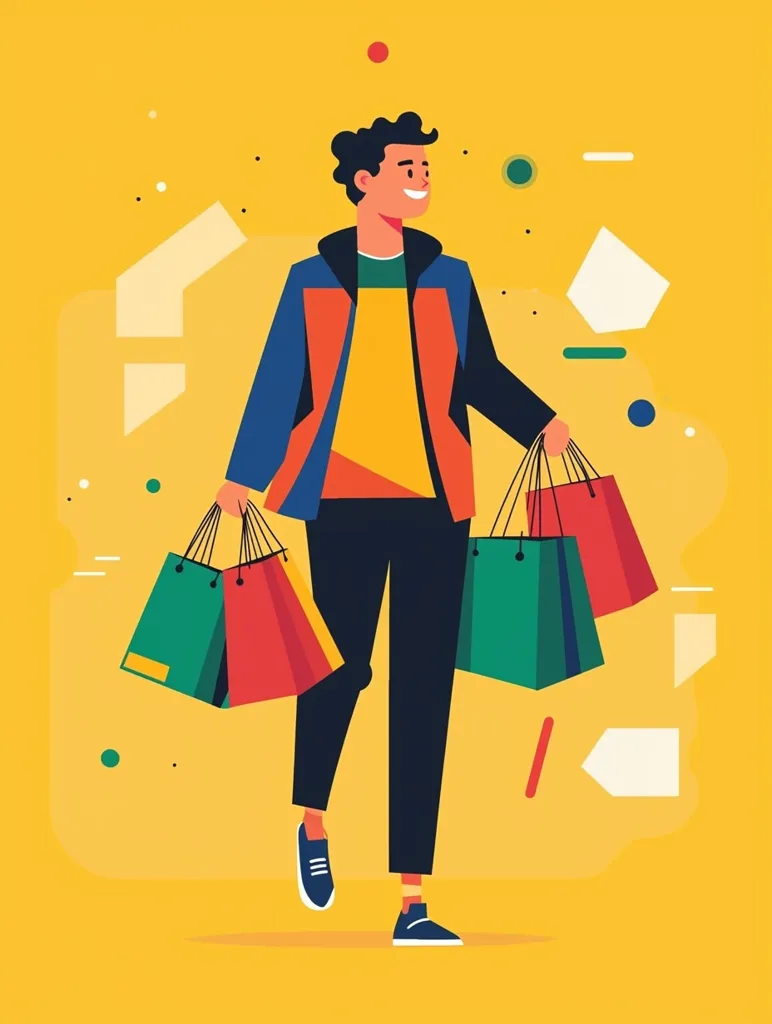 A stylish young man, depicted in a vibrant illustration, happily carries multiple shopping bags.  He's dressed in a colorful jacket and dark trousers, exuding a cheerful demeanor. The bright yellow background complements the bold colors of his clothing and the shopping bags, creating a lively and energetic scene. The overall style is modern and minimalist.