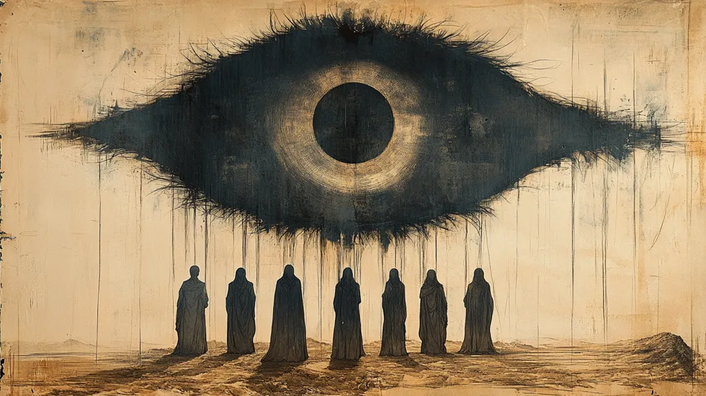 A large, dark eye dominates the artwork, its iris a deep black circle within a lighter, gold-tinged ring.  Long, dark lashes extend outward, creating a dramatic, almost menacing effect. Below, seven cloaked figures stand in a desolate landscape, their backs to the viewer, suggesting a sense of foreboding and mystery. The overall style is evocative and surreal, using a muted color palette on a textured background.