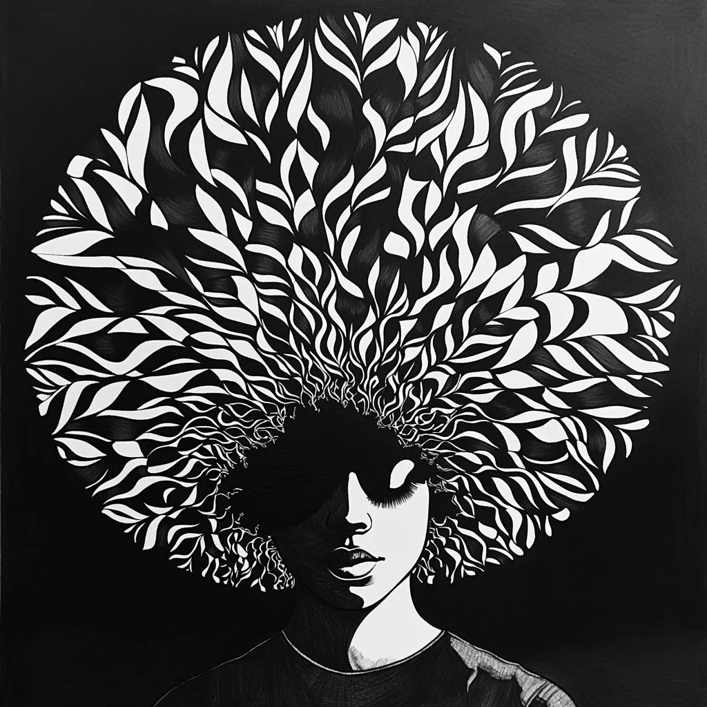 A striking black and white illustration depicts a woman with an extraordinarily large, intricately detailed afro.  The hair is rendered in a swirling pattern of leaves and flames, creating a bold visual texture.  Her face is partially obscured by her hair, adding an element of mystery to the composition.  The overall style is graphic and bold, with strong contrasts between light and dark.