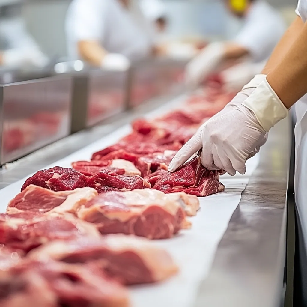 A gloved hand carefully arranges cuts of raw beef on a stainless steel conveyor belt in a meat processing plant.  The belt is lined with numerous pieces of red meat, moving along a production line.  Other workers in white coats are visible in the background, suggesting a large-scale operation.  The focus is on the precision and hygiene of the meat handling process.