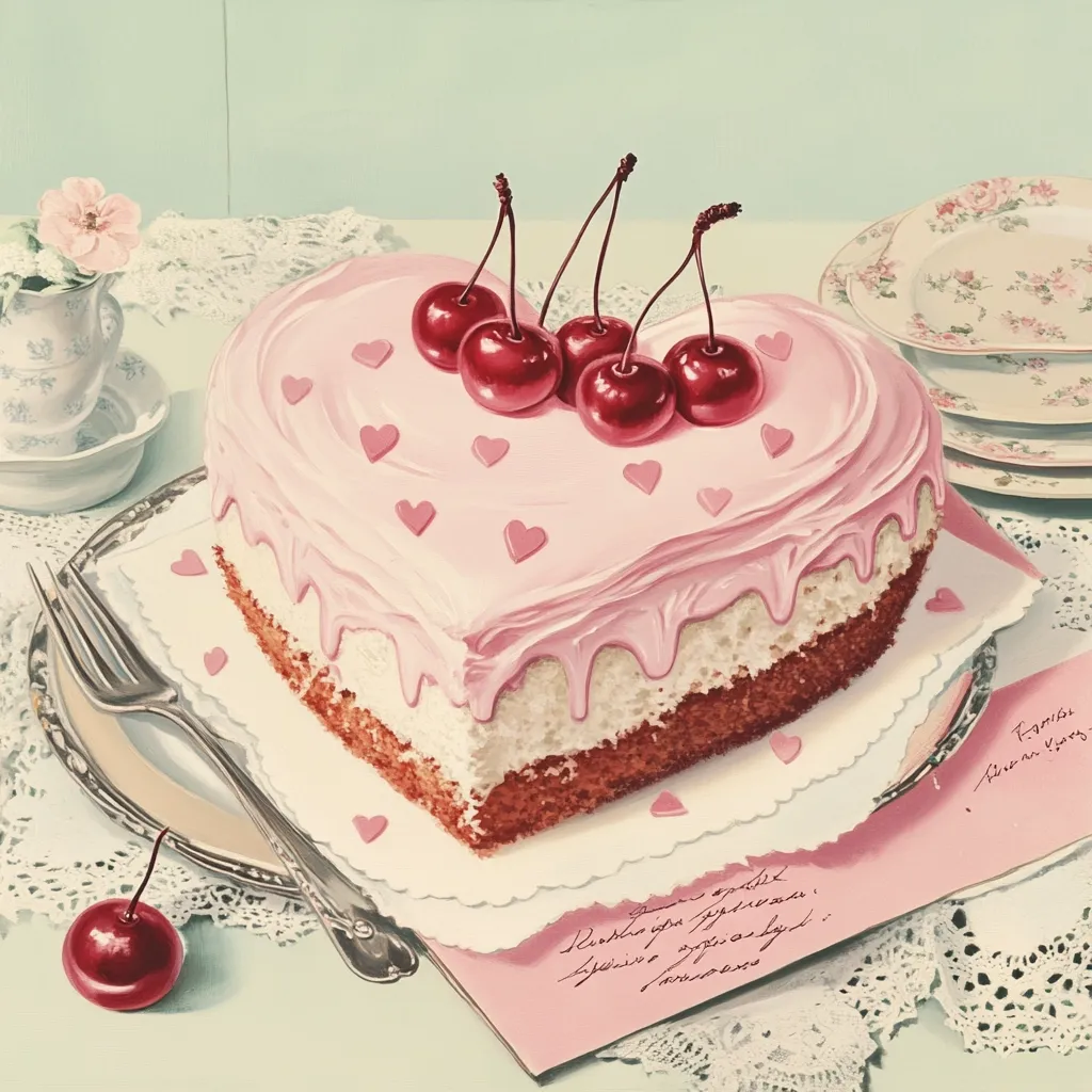 A heart-shaped cake, frosted pink with small pink hearts and topped with five glistening cherries, sits on a lace doily.  A silver serving plate and fork are nearby, along with a pink letter and delicate china.  A single cherry rests on the table beside the plate, completing the romantic and vintage scene. The overall style evokes a mid-century aesthetic.