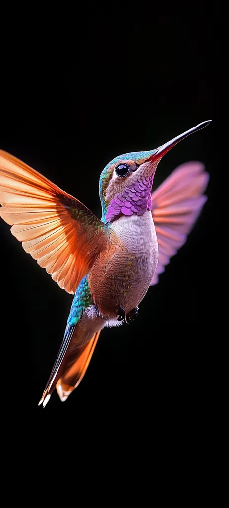 A vibrant hummingbird, captured in sharp focus against a stark black background, showcases its iridescent plumage.  Its wings are outstretched, revealing intricate details of orange and teal feathers.  The bird's head displays a striking purple gorget, adding to its overall captivating beauty. The image emphasizes the hummingbird's delicate yet powerful form in mid-flight.