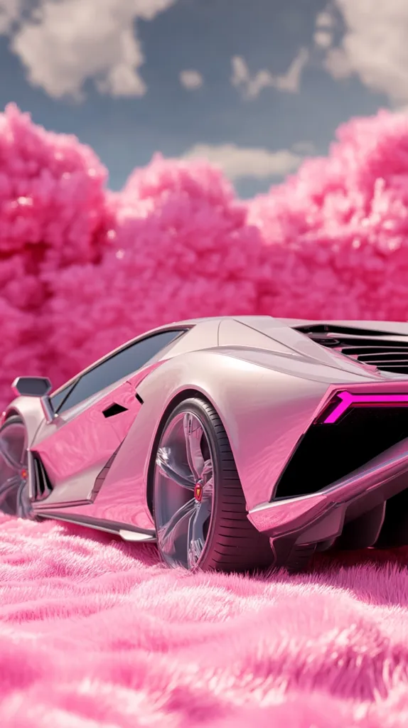 A sleek, silver Lamborghini rests on a vibrant pink, fluffy surface, resembling a cloud or plush carpet. The car's sharp lines and reflective body contrast with the soft, pastel background. The scene is surreal and dreamlike, evoking a sense of luxury and fantasy.  A partly cloudy sky is visible in the distance.