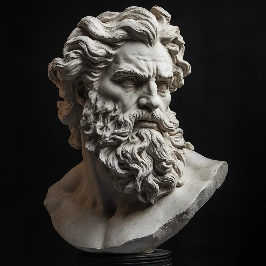 A striking marble bust depicts a powerful, older man with a thick, wavy beard and windswept hair.  His expression is one of intensity and perhaps sorrow, his gaze directed slightly to his left. The detailed sculpting showcases the texture of the hair and beard, and the musculature of his neck and chest. The dark background emphasizes the sculpture's form and light play across its surface. The style evokes classical Greek or Roman sculpture.