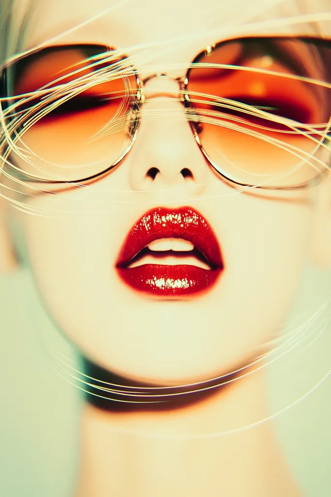 Close-up of a woman's face, partially obscured by sunglasses and glowing strands.  Her bright red lips are prominent, and the overall image has a vibrant, stylized, almost surreal quality due to the lighting and color grading. The focus is on the lips and eyes, creating a striking and glamorous effect.