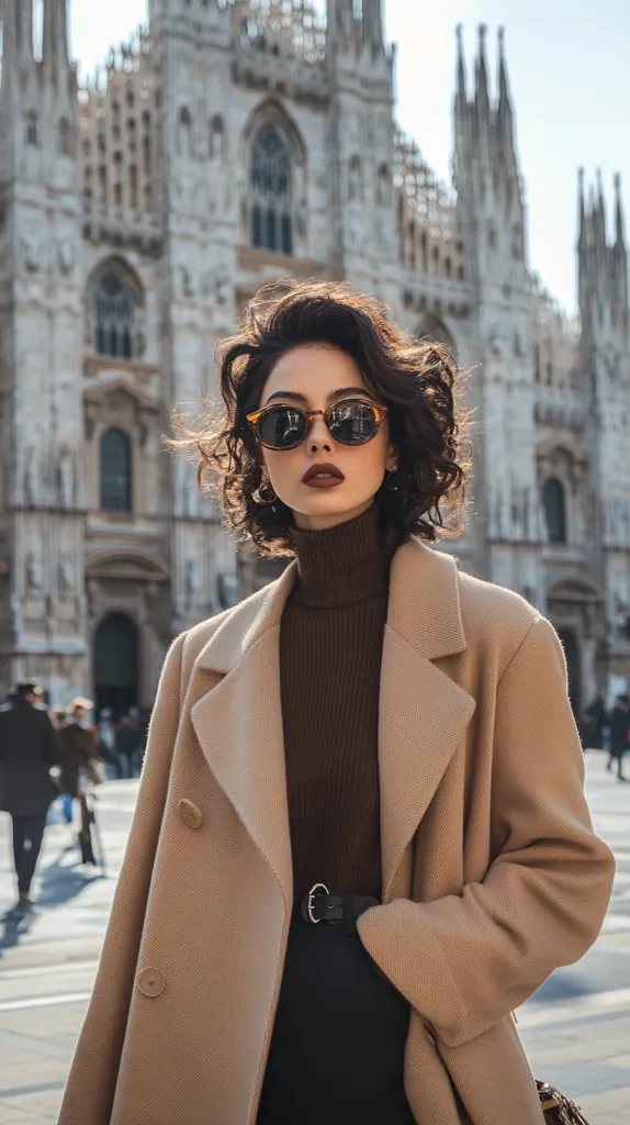 A stylish woman with short, curly brown hair and tortoiseshell sunglasses stands before the Duomo di Milano. She's dressed in a camel-colored coat over a brown turtleneck and black trousers.  The imposing cathedral forms a dramatic backdrop to her chic, autumnal outfit.  Her confident pose and sophisticated attire create a striking image.