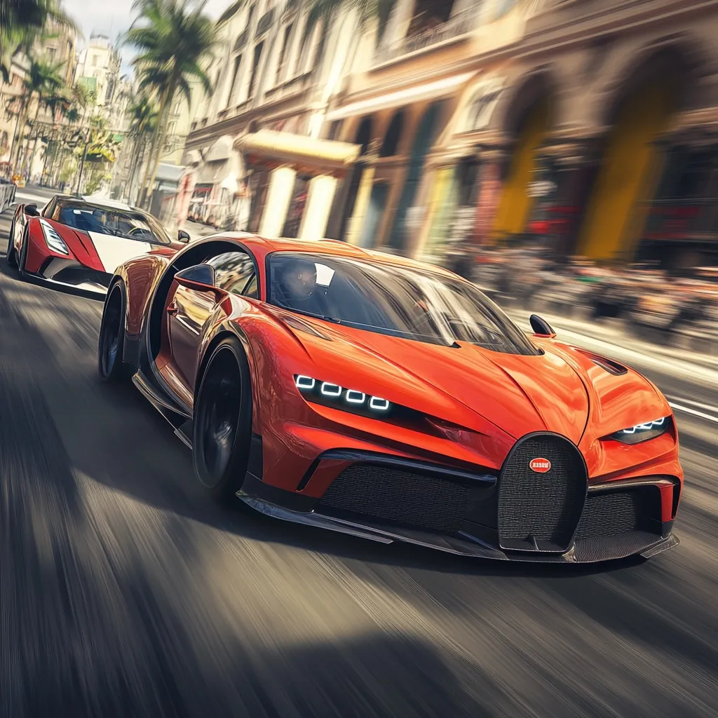 A vibrant orange Bugatti Chiron leads a pack of luxury sports cars speeding down a sun-drenched city street.  The blurred background emphasizes the high velocity, creating a sense of dynamic movement and excitement.  The scene suggests a high-stakes race or a thrilling chase through an urban environment.  The contrast between the sleek car and the classical architecture adds to the visual impact.