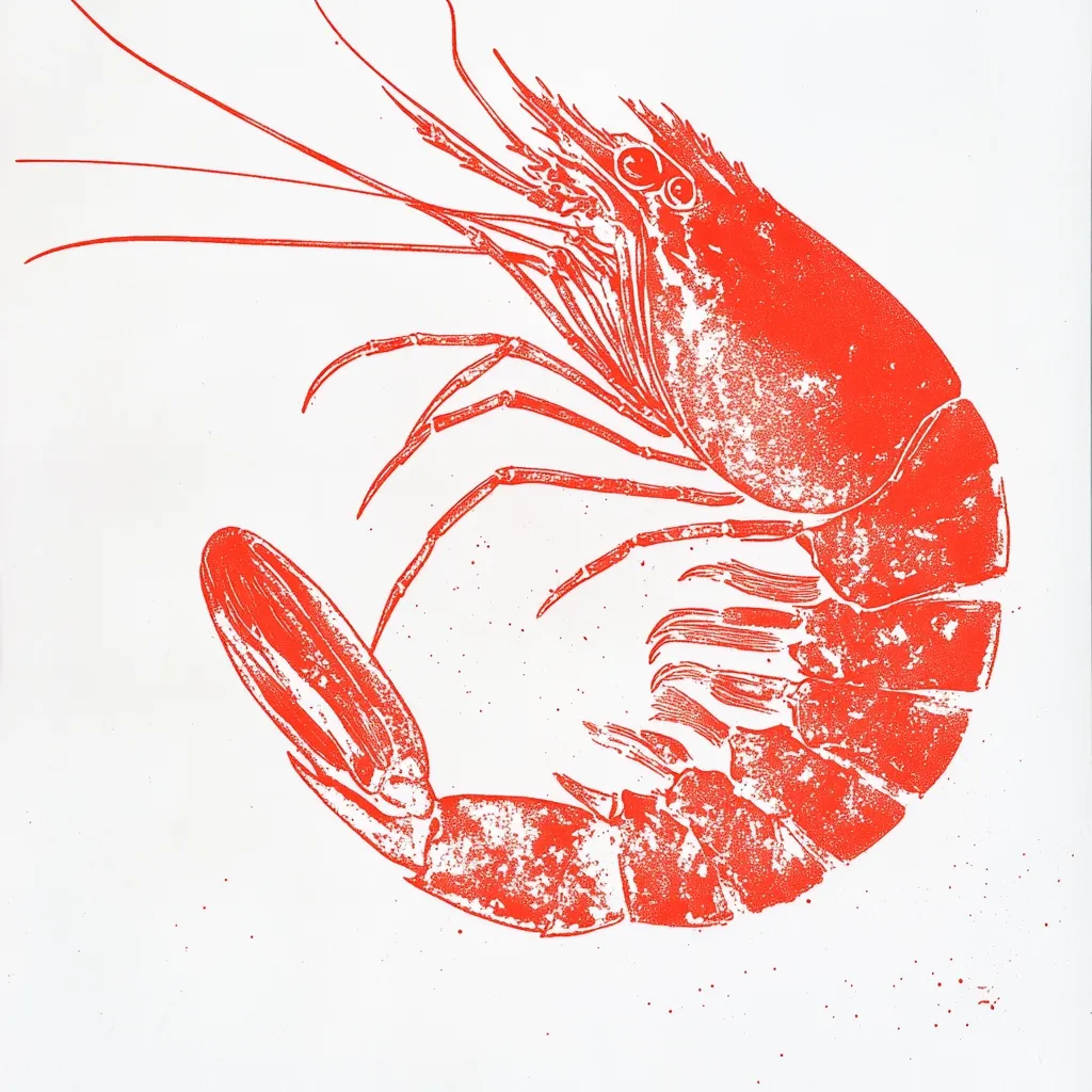 A vibrant coral-red prawn is depicted in a stylized print.  The prawn is centrally positioned, its body curving gracefully.  Detailed legs and antennae extend outward, creating a dynamic composition against the stark white background.  A textured, slightly speckled effect adds depth to the image, suggesting a printmaking technique.  The overall style is bold and graphic.