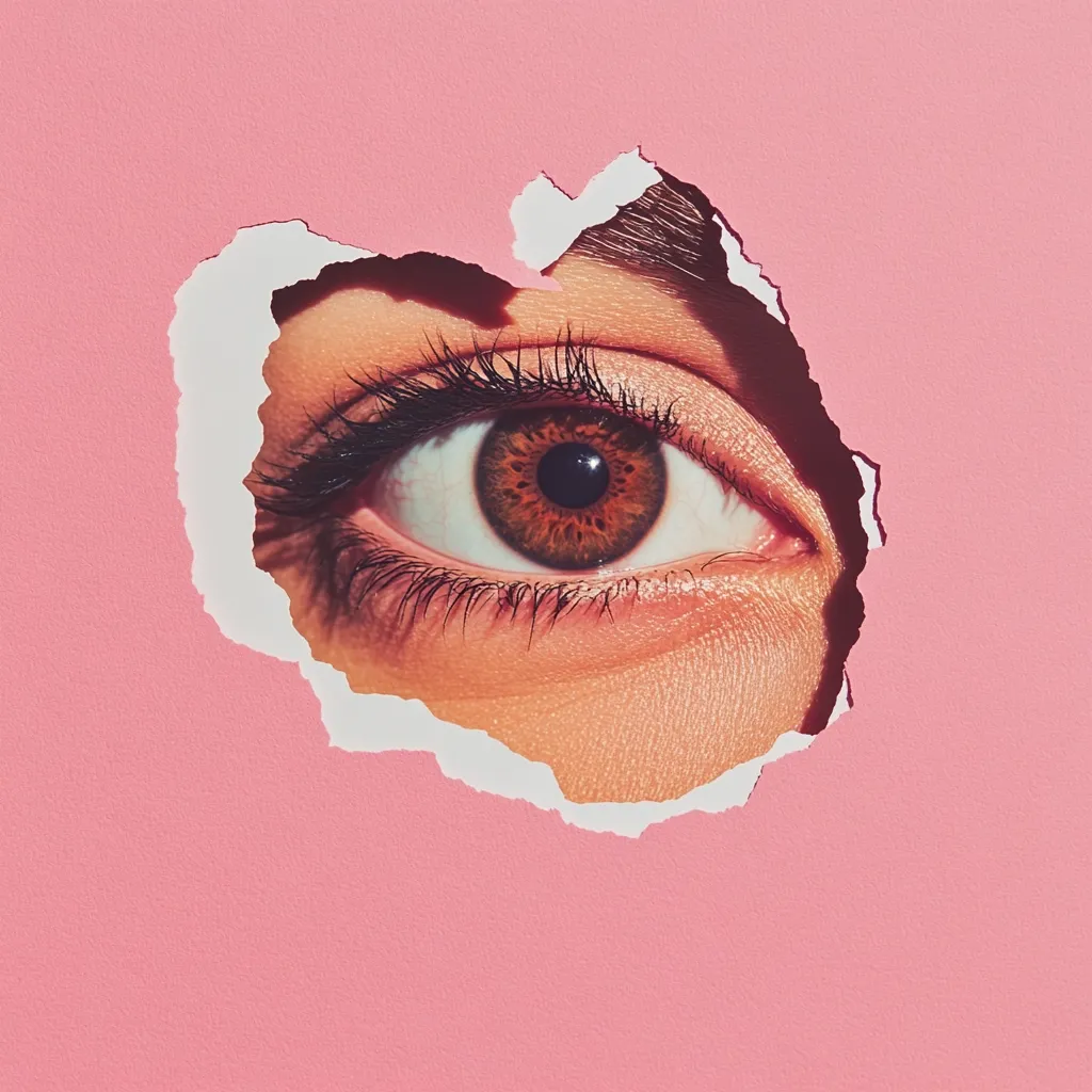 A close-up shot reveals a brown eye peering through a torn hole in a vibrant pink background.  The eye is sharply in focus, contrasting with the soft, textured paper.  The tear in the paper is irregular, creating a visually interesting frame around the eye. The overall effect is striking and slightly surreal.