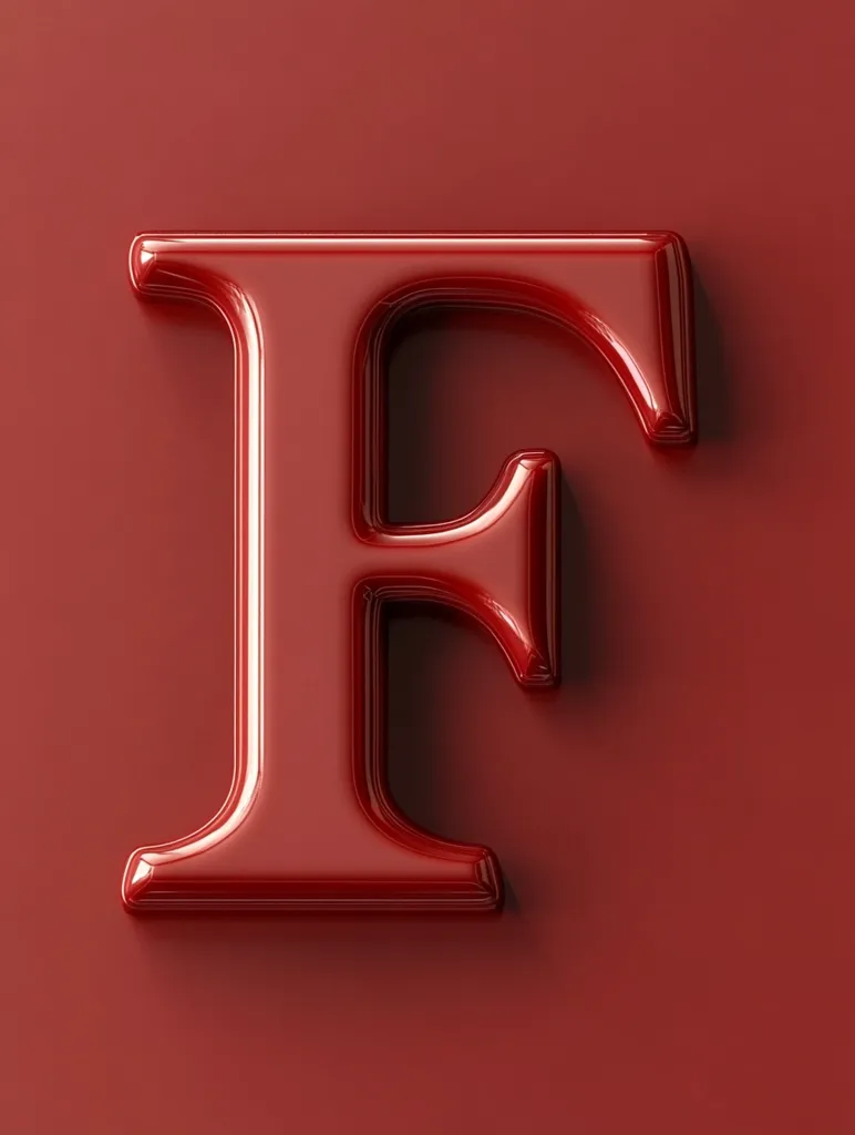A glossy, three-dimensional uppercase letter "F" is presented against a matching dark red backdrop. The letter is rendered in a bold, serif typeface, with a highly reflective surface that suggests a lacquered or enamel finish.  The image is minimalist, focusing on the letter's form and texture.