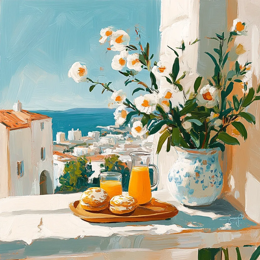 A vibrant painting depicts a sunlit window scene overlooking a coastal town.  A vase of white flowers sits on a windowsill alongside a wooden tray holding pastries and glasses of orange juice.  The bright, impressionistic style emphasizes the warmth of the light and the beauty of the Mediterranean view. The overall feeling is one of relaxed, idyllic enjoyment.