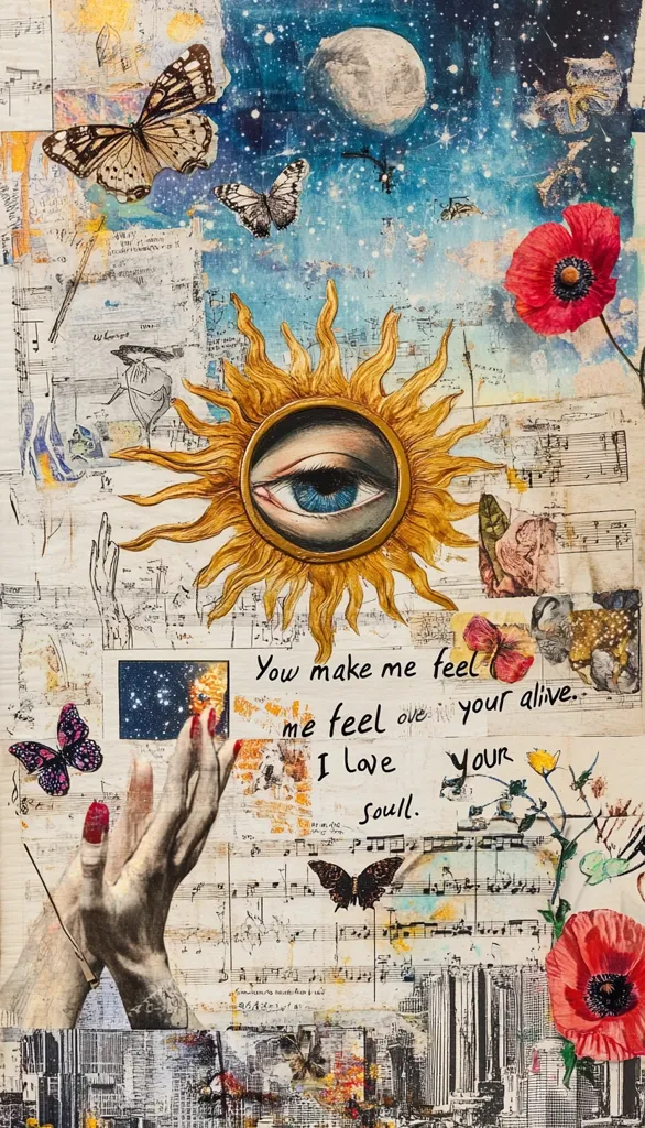 A vibrant collage blends celestial imagery with earthly elements.  A sun with an eye, butterflies, and poppies are juxtaposed against sheet music and cityscapes.  Hands reach upward towards a starry night sky, a moon, and the words "You make me feel alive. I love your soul." express a heartfelt sentiment.  The artwork's mixed media creates a dreamy, romantic atmosphere.