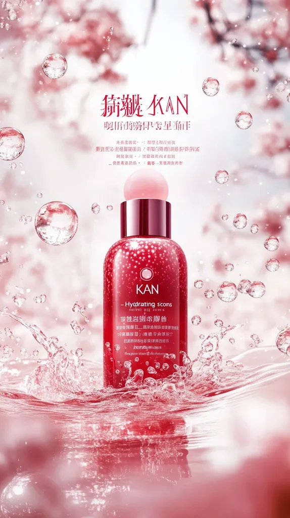 A product shot of KAN Hydrating Scans, a red bottle of skincare product. The bottle is partially submerged in water, creating splashing droplets. The background features a soft pink bokeh effect, possibly representing cherry blossoms.  The product's name and description are visible on the bottle, with additional text in Chinese suggesting a luxurious and hydrating formula.