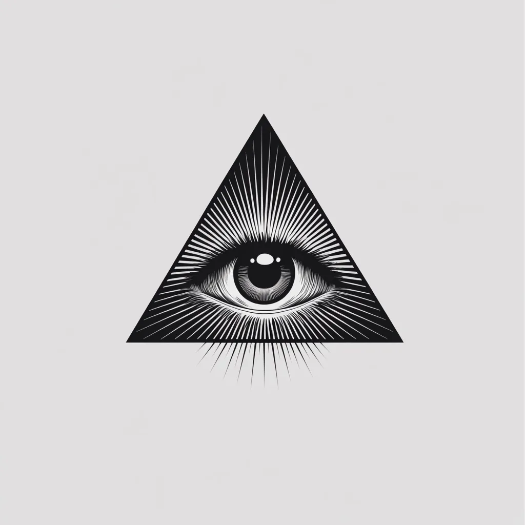 The image showcases a classic Eye of Providence design. A detailed eye, radiating light, is centrally positioned within an equilateral triangle.  The style is reminiscent of vintage engravings or illuminati symbolism, rendered in stark black and white against a light grey background. The image is simple yet striking, conveying a sense of all-seeing power and esoteric meaning.