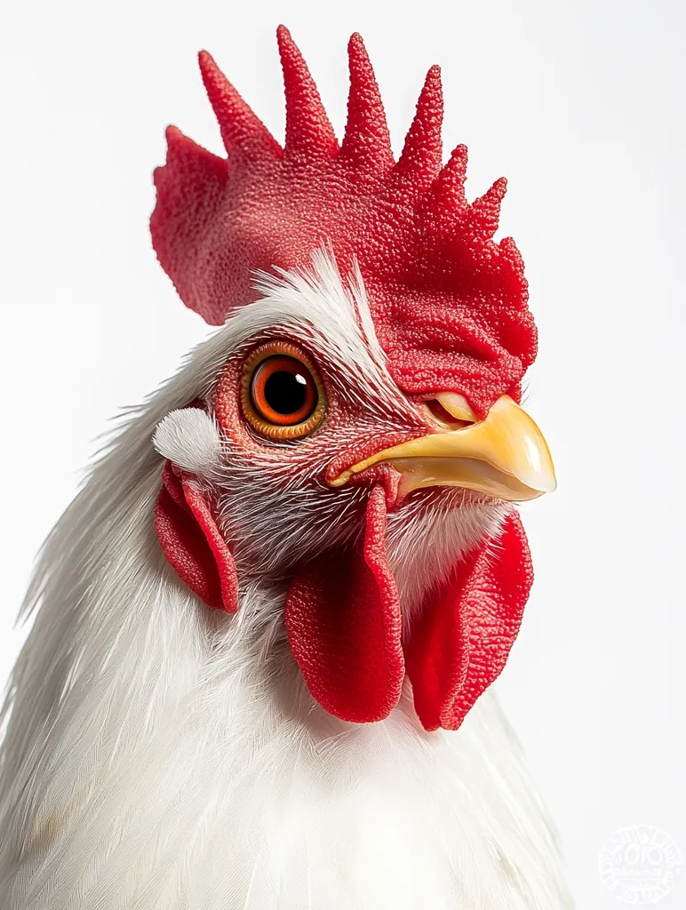 Close-up of a white rooster's head, showcasing its vibrant red comb and wattle.  The rooster's eye is sharp and focused, its plumage pristine white.  The image is sharply detailed, highlighting the texture of the feathers and the intricate structure of the comb. The background is a plain white, drawing attention to the bird.