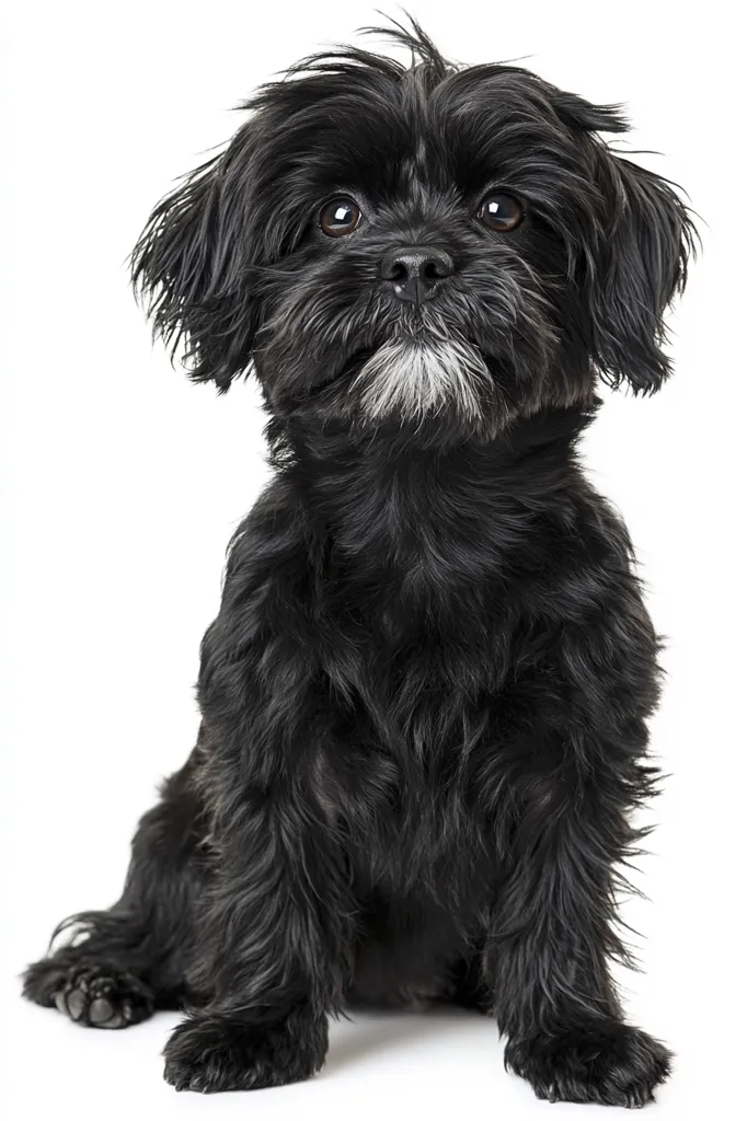 A fluffy black dog sits against a white background.  Its fur is long and slightly shaggy. The dog looks directly at the camera with dark, expressive eyes. It has a small patch of white fur on its chin. The overall impression is one of a cute, playful, and somewhat inquisitive pet.