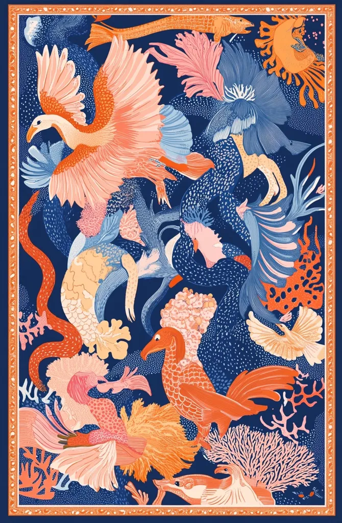 A vibrant textile design features a dark blue background adorned with stylized coral, fish, and birds in shades of orange and pink. The creatures intertwine in a fantastical underwater scene, with intricate details and flowing lines. The border is a contrasting burnt orange, adding a touch of warmth to the overall cool palette. The overall style evokes a sense of whimsical marine life.