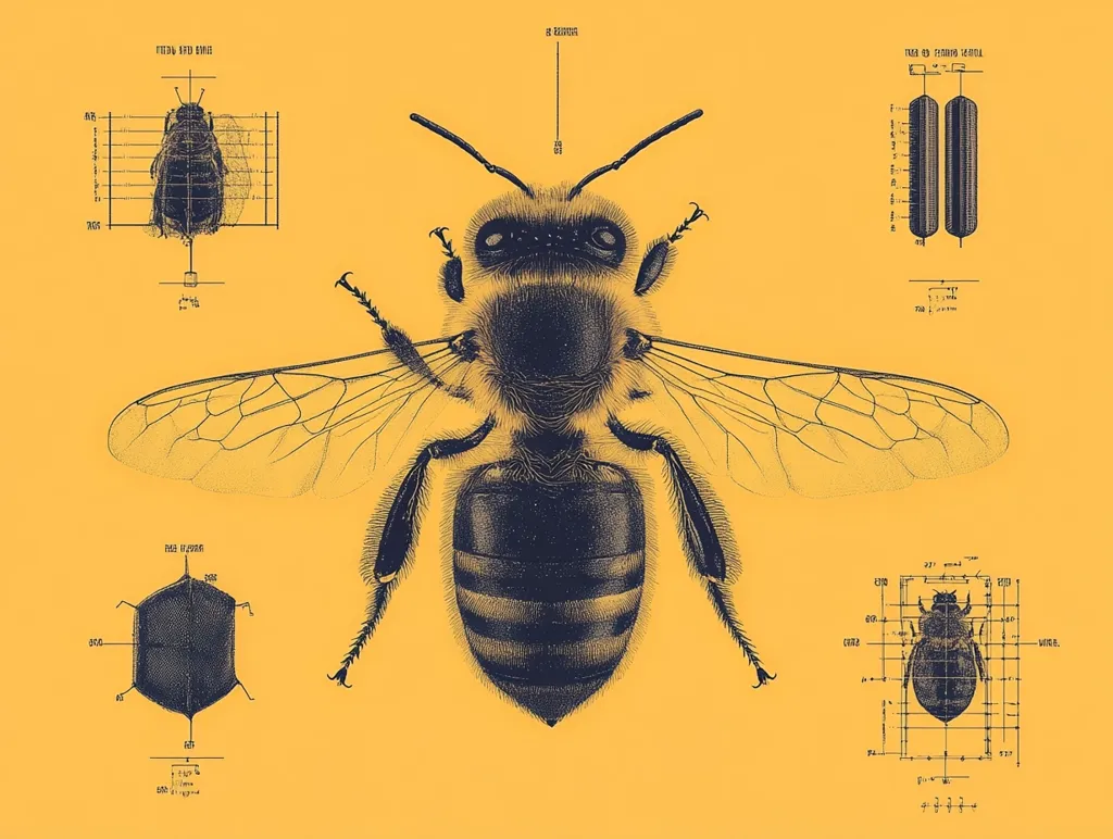 A detailed, stylized illustration of a honeybee is presented against a mustard yellow background.  Surrounding the central bee image are technical drawings, showing various anatomical views—dorsal, ventral, and lateral—with measurements and annotations, suggesting a scientific or entomological study of the insect's morphology.  The style evokes vintage scientific illustrations.