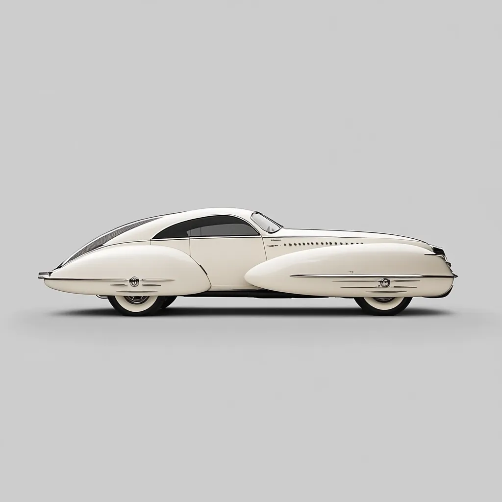 A profile view of a classic cream-colored car, possibly a vintage Cadillac or similar model, is shown against a light grey background.  The car's sleek, aerodynamic design is emphasized by its long, low profile and gently curving fenders.  The image highlights the car's elegant lines and sophisticated details.  The overall impression is one of timeless automotive design and luxury.