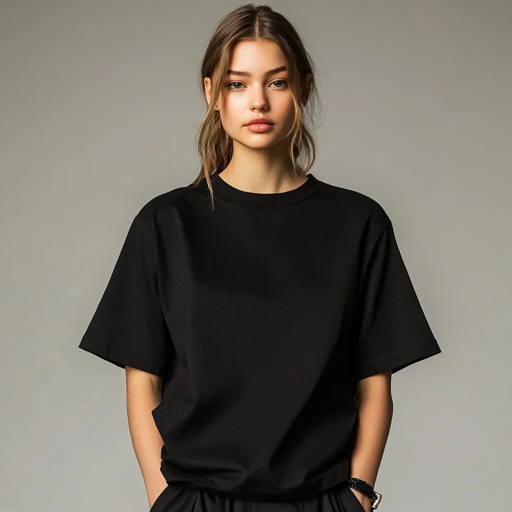 A young woman with light brown hair styled in a loose ponytail looks directly at the camera. She's wearing a simple, oversized black t-shirt with short sleeves, and her hands are casually in her pockets. The background is a plain, light grey, focusing attention on the model and her clothing.  Her expression is neutral and her makeup is minimal, creating a clean and modern aesthetic.