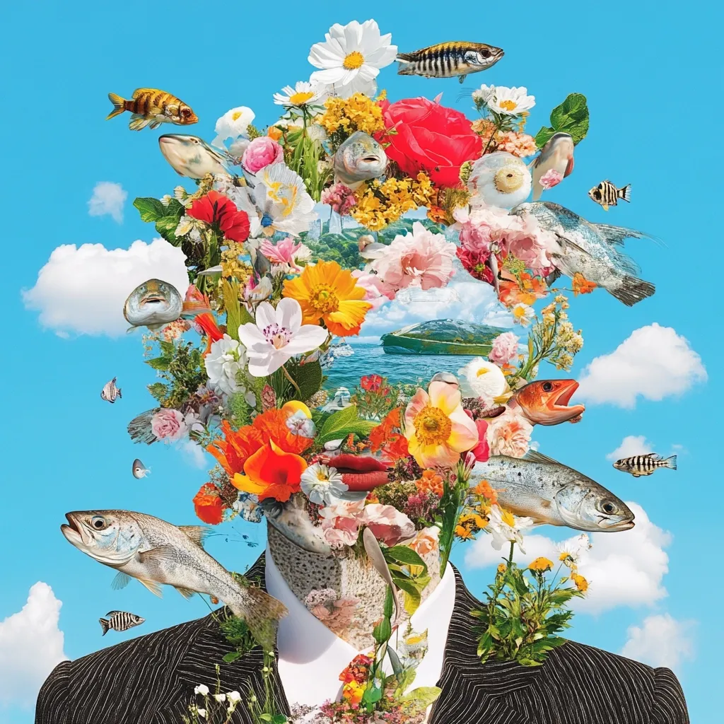 A surreal collage depicts a person's head replaced with a vibrant explosion of flowers, fish, and a tranquil seascape.  Bright blooms, including poppies and daisies, intertwine with various fish species against a clear blue sky.  The figure is dressed in a pinstripe suit, creating a striking juxtaposition between nature and formality. The overall effect is whimsical and dreamlike.