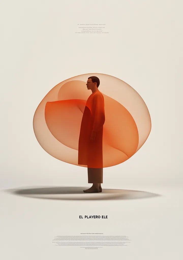 A minimalist poster features a person in an orange coat standing within a translucent, orange, spherical form.  The sphere's shape is organic and flowing. The background is a muted beige, and the overall aesthetic is clean and modern. The title "EL PLAYERO ELE" is displayed at the bottom.  The image evokes a sense of isolation and contemplation.