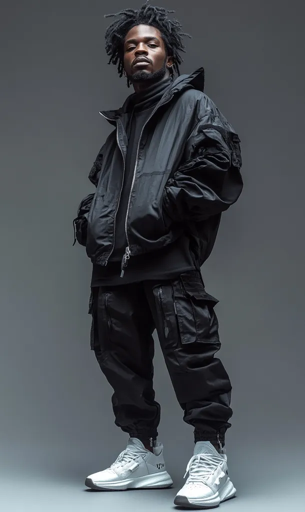 A young Black man with dreadlocks models all-black streetwear. He wears a hooded jacket, cargo pants, and white sneakers.  His pose is confident and relaxed, showcasing the urban style of the clothing. The monochromatic palette emphasizes the clean lines and tailored fit of the outfit. The background is a neutral gray, drawing attention to the model and his attire.