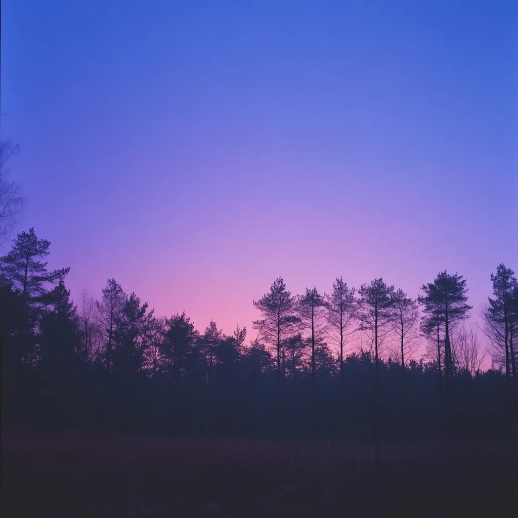 A serene landscape at twilight.  Silhouetted trees stand against a vibrant sky, transitioning from deep purple at the top to a soft pink near the horizon.  The scene is peaceful and evokes a sense of tranquility, with the dark trees contrasting beautifully against the colorful sky.  A misty haze softens the details, adding to the mystical atmosphere.