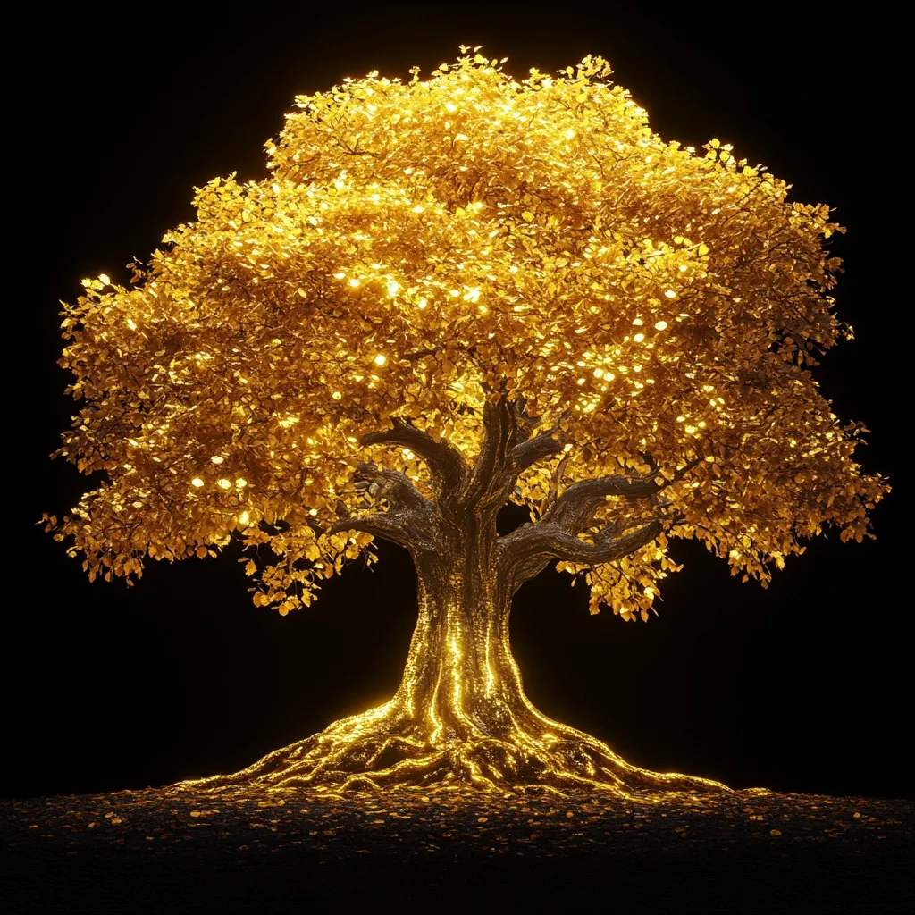 A majestic, golden tree stands against a black background, its leaves and branches radiating a warm, luminous glow.  The intricate root system is also illuminated, creating a captivating spectacle of light and form.  The overall impression is one of richness, magic, and ethereal beauty.  The image appears to be a digital rendering.