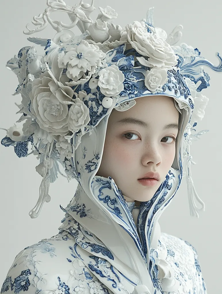 A young woman models a striking headdress and garment crafted from porcelain.  The intricate design features a blend of white and blue floral patterns, resembling delicate blossoms and flowing water. The headpiece is a dramatic, sculpted creation that frames her face, and the ensemble is a breathtaking example of porcelain artistry.  The overall effect is both elegant and futuristic.