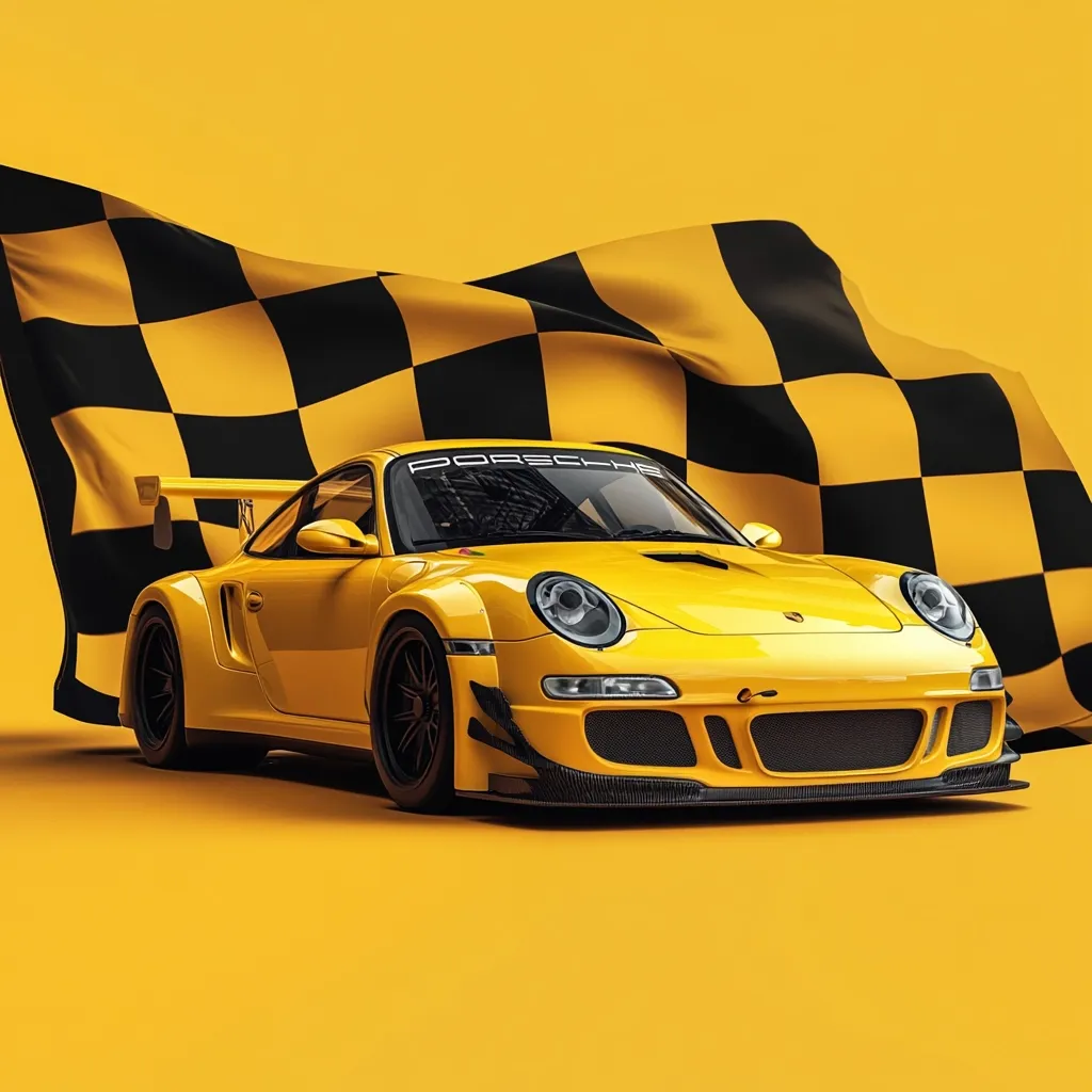A vibrant yellow Porsche 911 GT3 RS is prominently featured against a matching yellow backdrop.  A checkered racing flag dramatically drapes behind the car, adding a dynamic and celebratory feel to the image. The car's sleek design and powerful stance are emphasized by the contrasting black accents and the flag's bold pattern.  The overall effect is one of speed, victory, and high-performance automotive design.