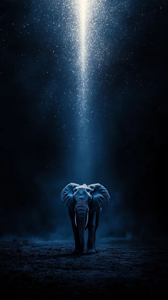 A lone elephant stands majestically in the foreground, silhouetted against a dark, starlit night sky. A luminous beam of light descends from above, illuminating the elephant and casting an ethereal glow. The scene evokes a sense of mystery and wonder, highlighting the elephant's powerful presence against the vastness of the night. The overall mood is serene and awe-inspiring.