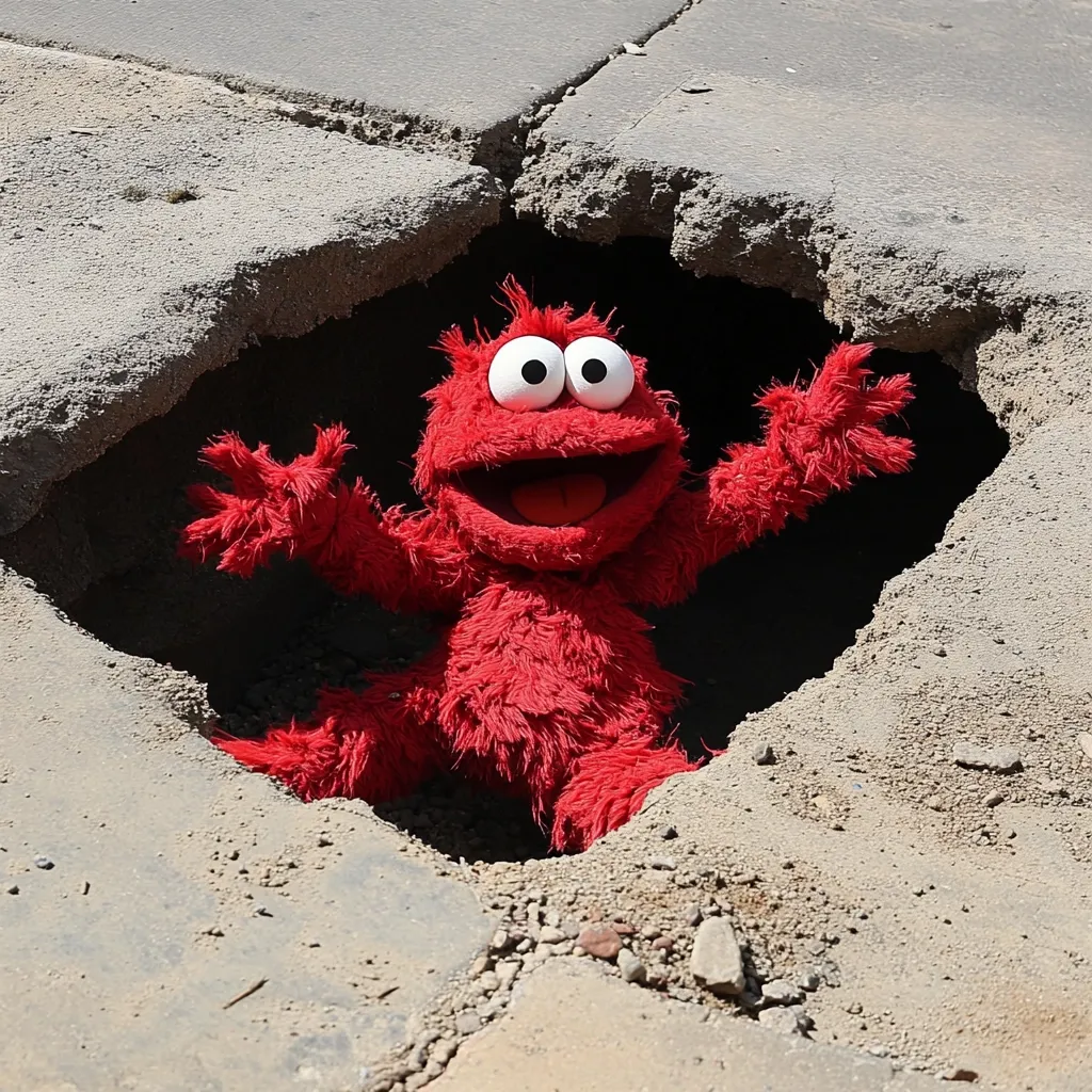 A red Elmo puppet sits inside a large crack in a paved road.  Its arms are outstretched, appearing playful or perhaps slightly surprised by its predicament. The crack is significant, revealing the underlying ground.  The scene is brightly lit, likely outdoors on a sunny day. The contrast between the bright red Elmo and the muted gray of the cracked pavement is striking.
