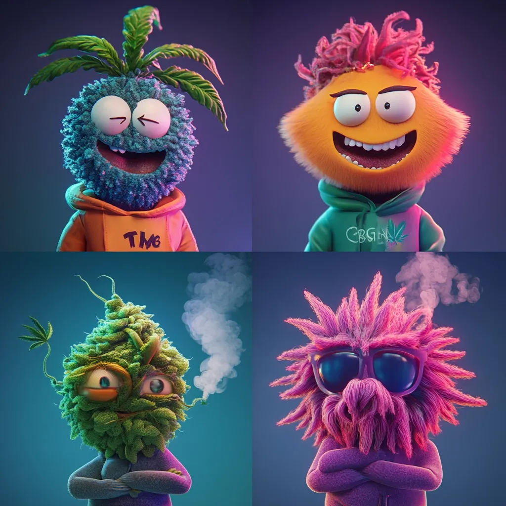 Four adorable 3D-rendered characters, each with unique cannabis-inspired designs and vibrant colors.  They sport different hairstyles and clothing, showcasing playful expressions.  One character even puffs on a joint.  The artwork is a blend of cartoonish charm and cannabis culture.