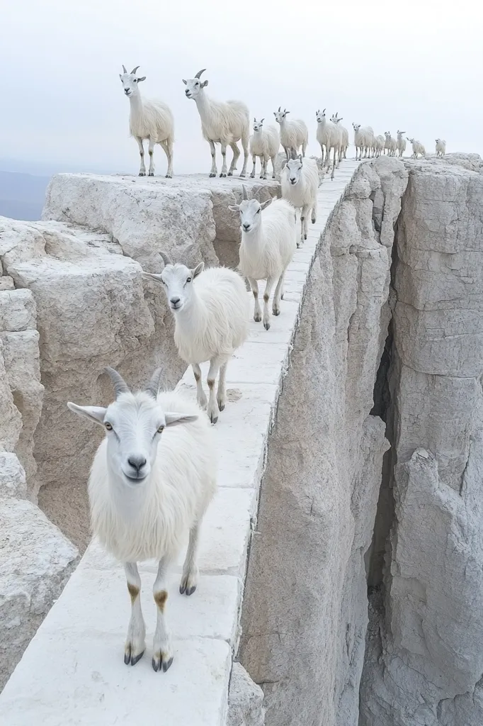 A long line of white goats walks single file along a narrow, elevated path carved into a towering, light-grey rock face.  The goats appear calm and steady, their white coats contrasting sharply with the stone. The perspective is from below, emphasizing the height and precariousness of their position.  The scene is stark and serene, with a hazy background suggesting a vast, open landscape.