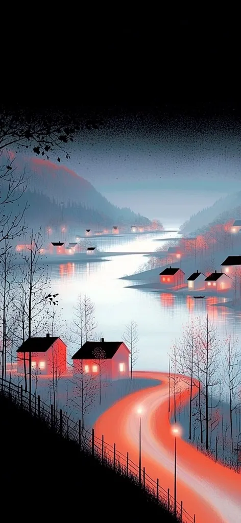 A serene, stylized landscape depicts a winding, glowing orange road leading to a cluster of small, illuminated red houses nestled beside a calm lake.  Bare, dark trees line the road and the lake's edge, contrasting with the warm light emanating from the houses.  Mountains rise softly in the background under a dusky sky, creating a tranquil and slightly mysterious atmosphere.