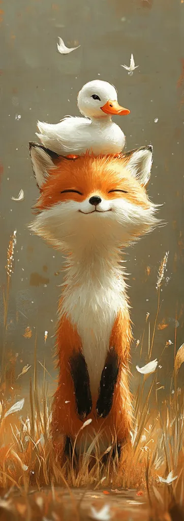 A charming illustration depicts a fox with a small white duck perched atop its head.  The fox, with its orange fur and white underbelly, stands serenely amidst tall grasses.  Both animals have a peaceful expression, creating a heartwarming and whimsical scene.  Delicate white feathers float in the soft, muted background. The overall style is painterly and soft, evoking a sense of gentle tranquility.