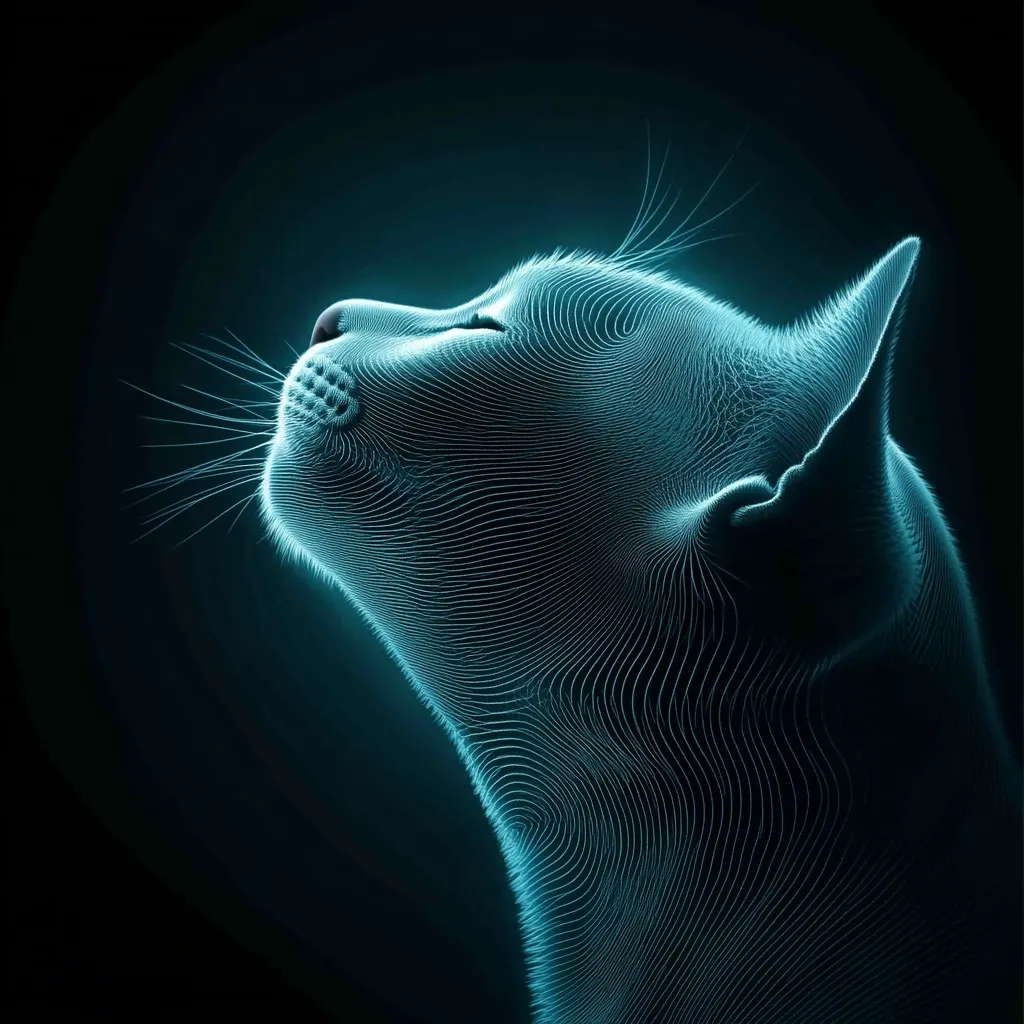 A stylized digital rendering of a cat's head and neck.  The image is rendered in teal lines creating a wireframe effect against a dark background. The cat's head is tilted upwards, its eyes closed, and its whiskers are clearly visible. The lines flow smoothly, emphasizing the cat's form and texture. The overall impression is one of serenity and elegance.