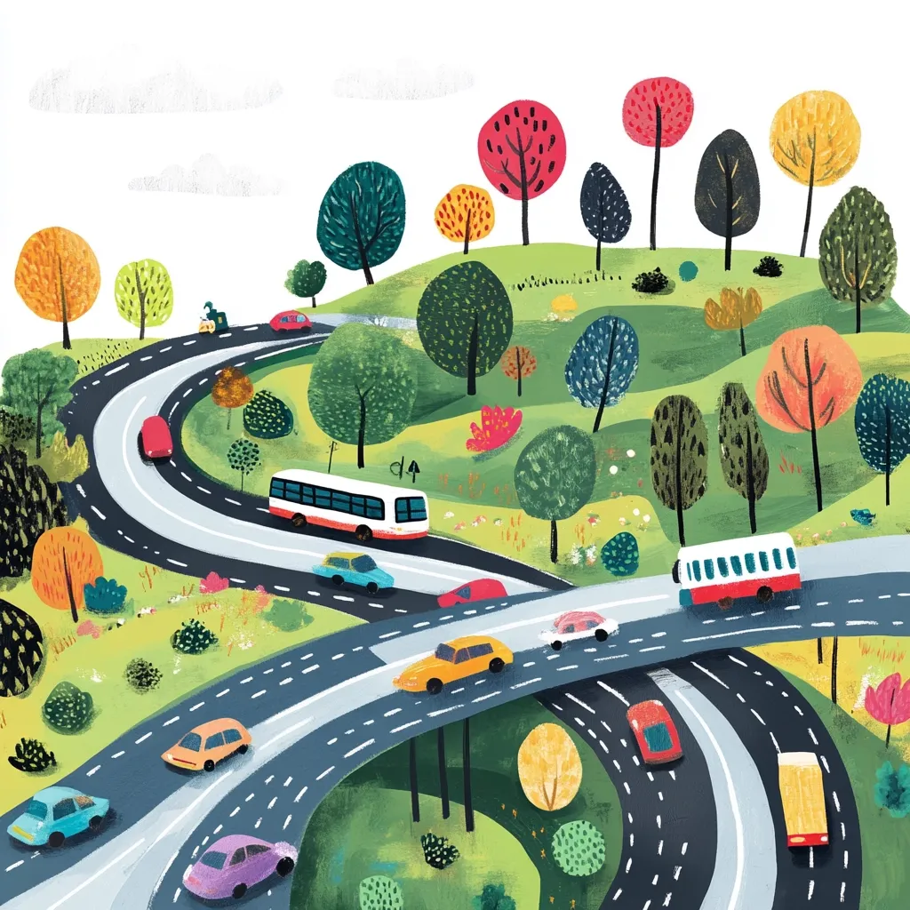 A whimsical illustration depicts a winding road system weaving through a vibrant landscape.  Colorful cars and buses navigate the curves, passing under an overpass.  The surrounding hills are dotted with stylized trees in autumnal hues, creating a cheerful and playful scene.  The style is reminiscent of children's book illustration, with bold colors and simplified shapes.