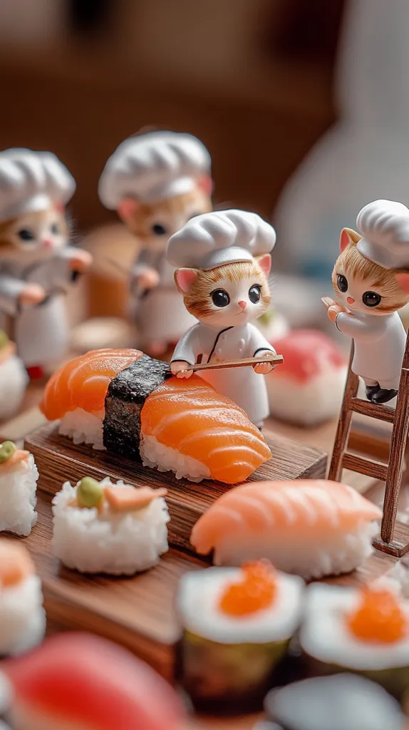 Adorable chef cat figurines prepare sushi.  One cat uses chopsticks on a salmon nigiri, while another climbs a miniature ladder.  The scene is meticulously crafted, featuring a wooden sushi board with various pieces of sushi, including nigiri and maki.  The overall aesthetic is cute and whimsical, with a focus on miniature details.