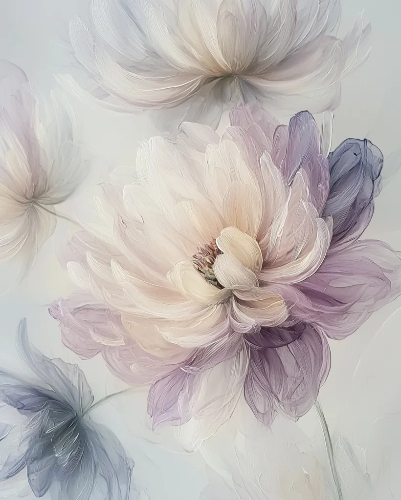 A dreamy painting showcases delicate, pastel-colored flowers.  The central bloom is a large, creamy white with hints of lavender, its petals rendered with soft brushstrokes suggesting texture and depth.  Surrounding it are smaller blooms in muted grays and purples, creating a serene and ethereal atmosphere. The overall effect is one of gentle beauty and soft elegance.
