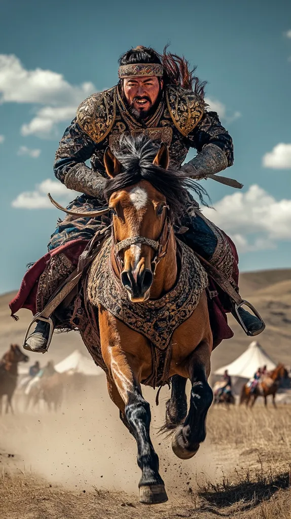 A warrior, clad in ornate golden armor and a headband, fiercely rides a chestnut horse across a dusty plain.  The horse is adorned with a richly decorated saddle and bridle.  The background features a blurred landscape with yurts and other riders, suggesting a race or battle.  The scene is dynamic, capturing the speed and intensity of the moment.  The warrior's determined expression adds to the powerful image.
