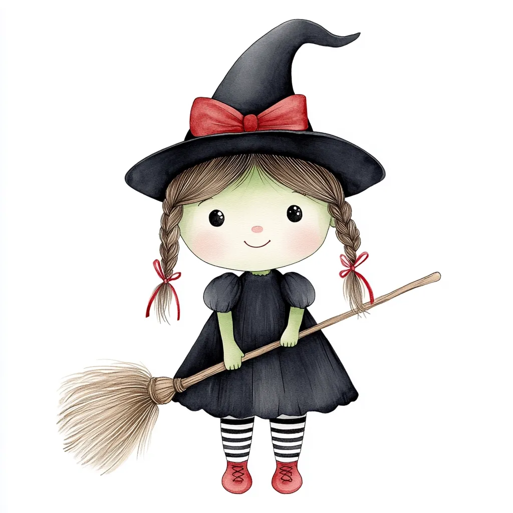 An adorable cartoon witch with pale green skin, brown pigtails tied with red ribbons, and a black witch's hat adorned with a red bow is depicted. She's wearing a black dress and striped stockings, holding a brown broomstick. Her large, expressive eyes and cheerful smile convey a friendly and whimsical aura, perfect for Halloween-themed illustrations or children's books. The watercolor style adds a touch of softness and charm.