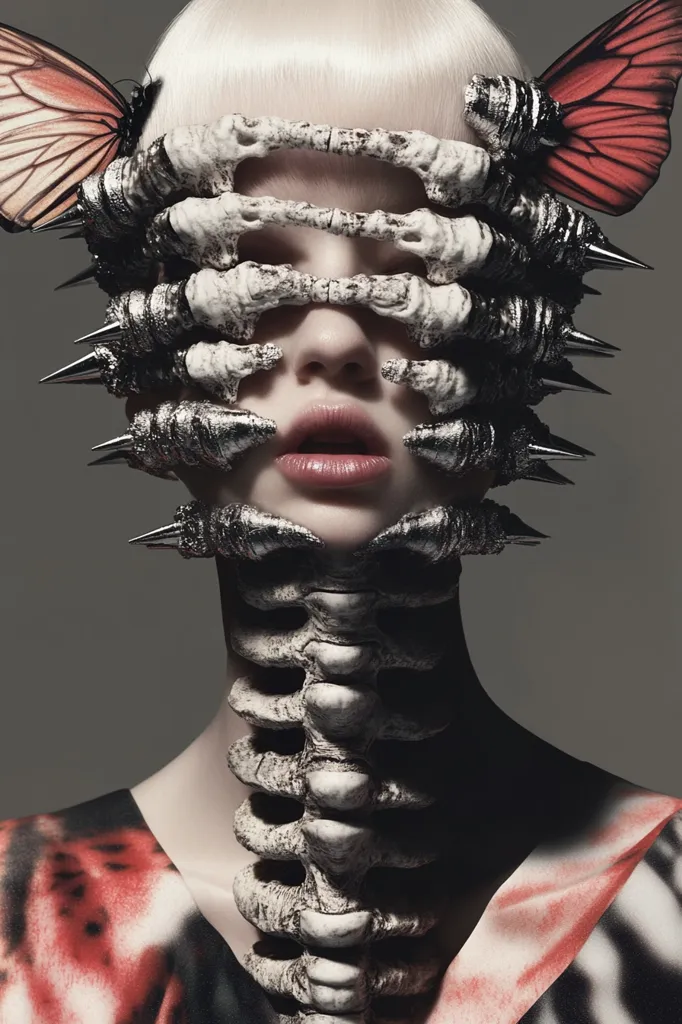 A model with pale skin and short blonde hair wears an elaborate prosthetic.  The piece obscures the eyes and extends down the neck, resembling a skeletal structure intertwined with clawed hands and metallic spikes.  Large butterfly wings frame the sides of the face, adding to the surreal and gothic aesthetic. The model's clothing is partially visible, showing a red and black pattern.