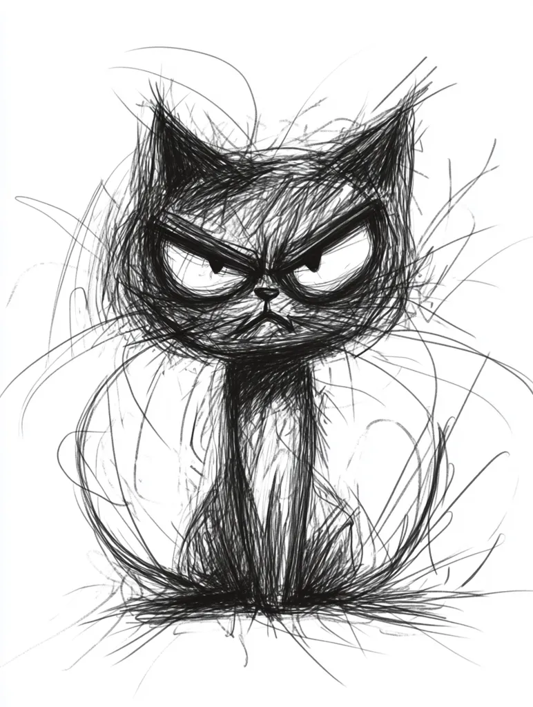 A monochrome sketch depicts a grumpy-looking cat.  The cat's fur is rendered with a chaotic, scribbled style, creating a sense of movement and texture. Its expression is stern, with narrowed eyes and a downturned mouth.  The overall style is expressive and slightly unsettling, emphasizing the cat's ill-tempered demeanor. The background is a flurry of similarly chaotic lines, enhancing the sketch's energetic yet slightly menacing feel.