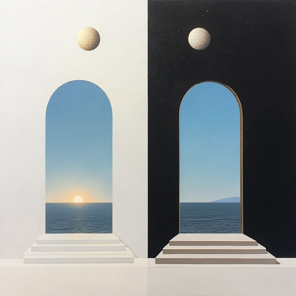 A surreal painting depicts a divided architectural space.  Two identical arched doorways, one on a white and one on a black wall, frame serene seascapes.  A sun sets in the white doorway's view, while a moon hangs above the black.  Simple steps lead to each unseen threshold, creating a sense of duality and contemplation.  The overall effect is one of peaceful contrast and balanced opposites.
