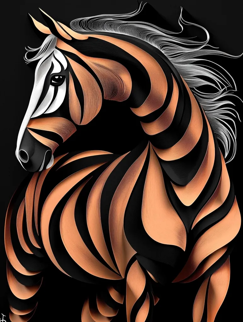 A stylized illustration of a horse, possibly a zebra, is depicted. Its body is composed of layered, curved lines in shades of copper and black, creating a three-dimensional effect. The mane is rendered in white, contrasting with the dark background. The artwork has a sophisticated, almost sculptural quality, suggesting a paper-cutting or quilling technique.  The image is visually striking due to its bold lines and color contrast.