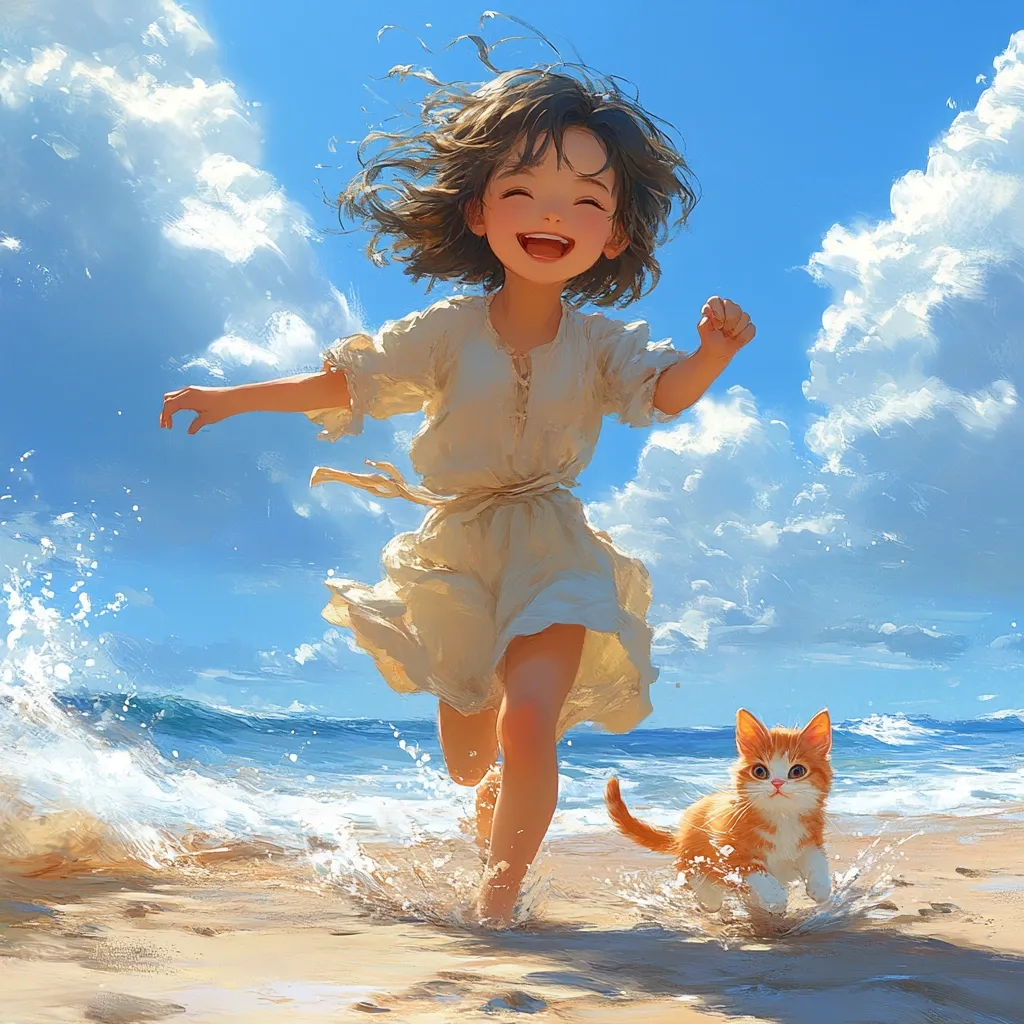A joyful girl with brown hair, wearing a flowing white dress, runs playfully along a sandy beach, her laughter echoing the bright, sunny day.  A small orange kitten follows closely behind, splashing through the shallow waves.  The vibrant blue sky and fluffy white clouds create a cheerful and idyllic scene.