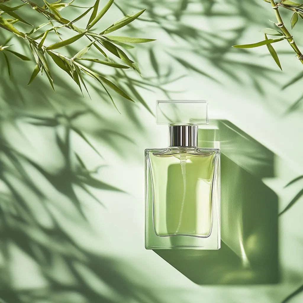 A bottle of perfume sits on a pale green background, partially obscured by the shadows of bamboo leaves.  The perfume bottle is rectangular with a clear glass body showcasing a light green liquid, and a silver top.  The image evokes a sense of freshness and natural fragrance. The scene is minimalist and elegant, highlighting the perfume's clean aesthetic.